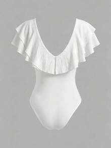 Rafferiza 女士休闲纯色荷叶边连体紧身衣，夏季 - 白色 - 查看 2