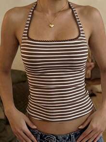 SHEIN 女款條紋露背掛脖無袖上衣，夏季休閒 - 棕色 - 查看 4