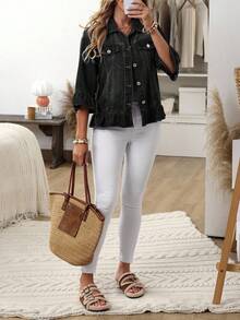 EMERY ROSE Plus Size Casual Washed Denim Jacket With Ruffle Trim - Black - View 5