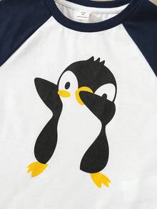 SHEIN Kids Young Boy Cartoon Penguin Pattern Colorblock Raglan Sleeve T-Shirt And Plaid Pattern Long Pants Casual Comfortable Loungewear Pajama Set 2pcs - Navy Blue - View 6