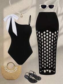 Swim Oasis Women's Summer Beach Vacation One-Shoulder Bow One-Piece Swimsuit With Cut-Out Beach Maxi Skirt - Black and White - View 2