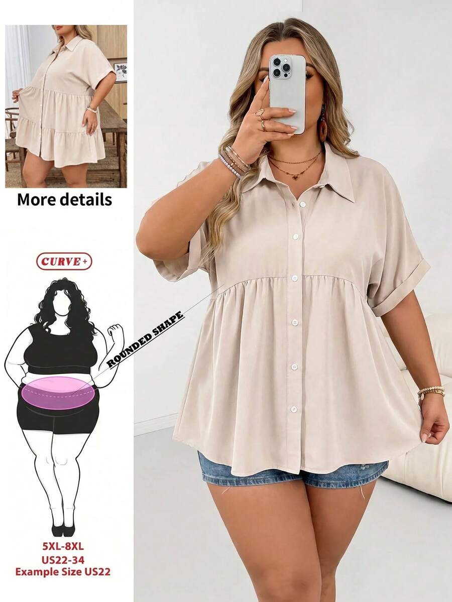 SHEIN CURVE+ 夏季大尺碼女款法式風格前開鈕扣舒適紋理面料休閒寬鬆短袖度假襯衫,曲線灰色早午餐風 - 杏色 - 查看 1