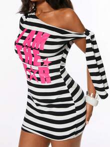 ROMWE Avant Women's Mini Dress, Short Dress, Y2K Light Millennium Striped Patchwork Bright Color Sexy Style - Black and White - View 1