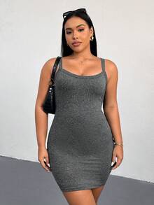 SHEIN Essnce Plus Size Women's Spring/Summer Fashion Casual Black Grey Spaghetti Strap Short Dress 2pcs Fitted Bodycon Outing Outfit Base Layer Business Dark Green - Multicolor - View 4