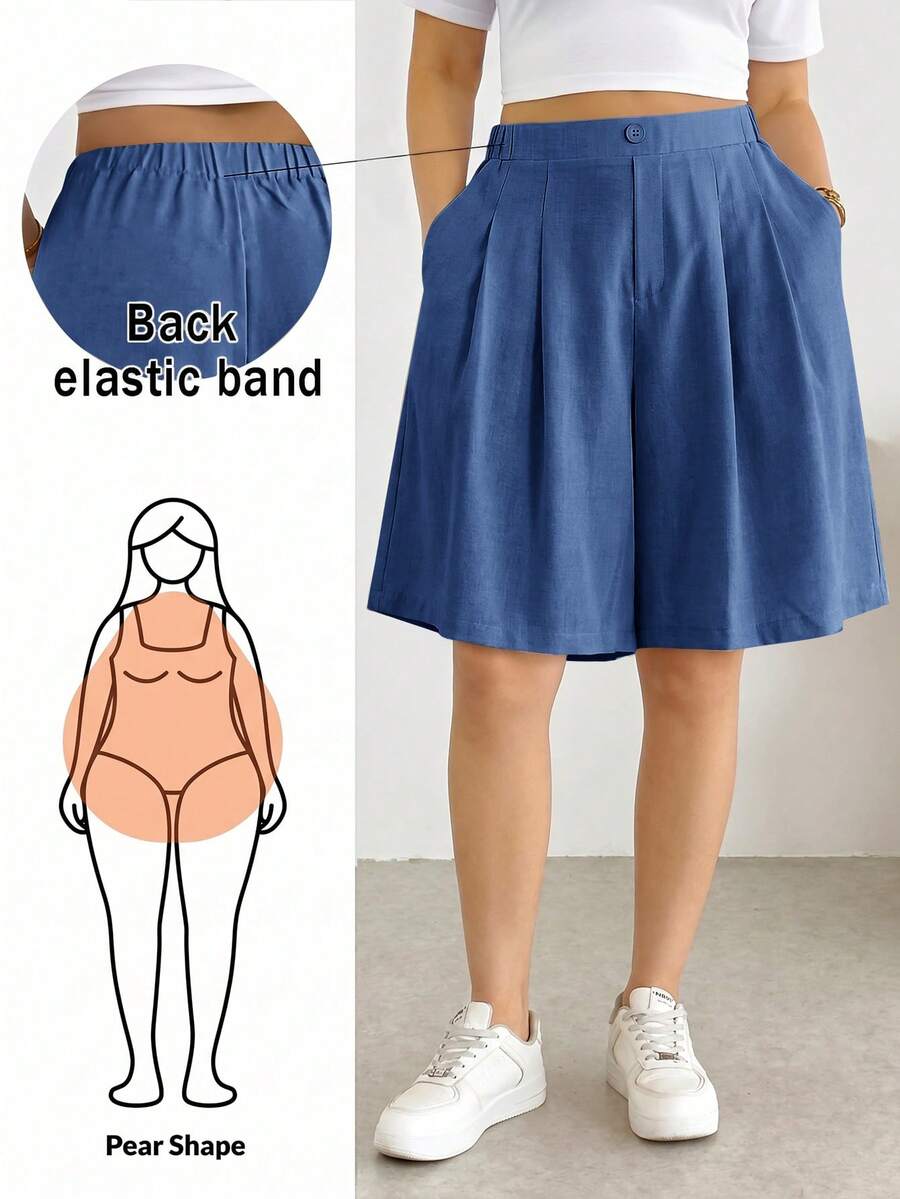 Shapeblank 大尺碼夏季休閒純色寬鬆短褲 - 藏蓝色 - 查看 1