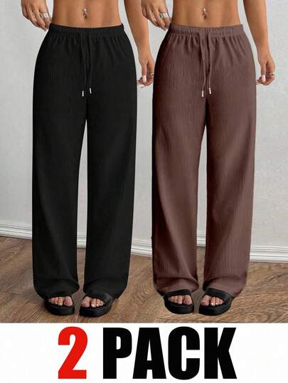 SHEIN PETITE Women's Black & White Solid Color Straight Leg Pants 2 Pieces Set