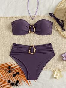 Swim Basics Ladies Beach Vacation Casual All Black Detachable Slim Shoulder Strap High Waisted Pants With Metal Accessories Bikini Set - Purple - View 5