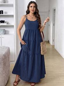 Comfylo Striped Plus Size Women's Pleated Casual Party Travel Spaghetti Strap Dress - Multicolor - View 4