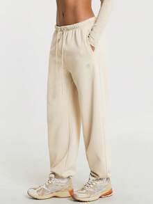 11SKNDS Oversized Jogger Sweatpants With Elastic Drawstring Waist, Ribbed Cuffed Hem, Relaxed Tapered Fit, Casual Everyday Lounge Pants - Khaki - View 3