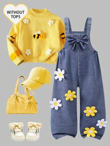 SHEIN Elladie kids 女童新款休閒時尚牛仔吊帶褲，復古中藍色黃白花卉拼接，大蝴蝶結，寬鬆直筒版型，柔軟舒適面料 - 藍色 - 查看 3