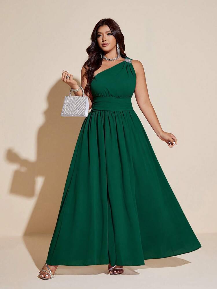 Viva Relle Plus Size Women's Green Party Fashion New Elegant One-Shoulder Pleated Diamond Decorated Slit Dress - Green - View 5