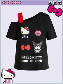 HELLO KITTY AND FRIENDS | ROMWE Áo thun 2 trong 1 size lớn dáng rộng vai lệch họa tiết pixel art sáng tạo hợp tác IP, màu đen, phong cách Y2K thường ngày cho lễ tốt nghiệp và du lịch mùa xuân - màu đen - Xem 1