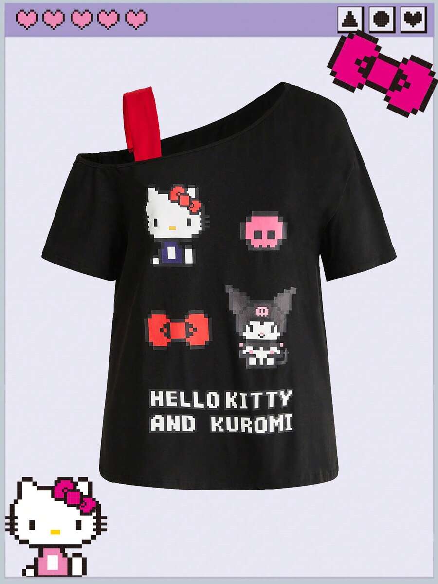 HELLO KITTY AND FRIENDS | ROMWE Áo thun 2 trong 1 size lớn dáng rộng vai lệch họa tiết pixel art sáng tạo hợp tác IP, màu đen, phong cách Y2K thường ngày cho lễ tốt nghiệp và du lịch mùa xuân - màu đen - Xem 1
