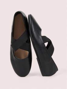 CUCCOO DOLLMOD Women's Shoes, Black, Leather Texture, Simple Elastic Cross Belt, Round Toe Flat Ballet Shoes, Suitable For Daily Travel, Commuting And Leisure Fall Shoes - Black - View 1