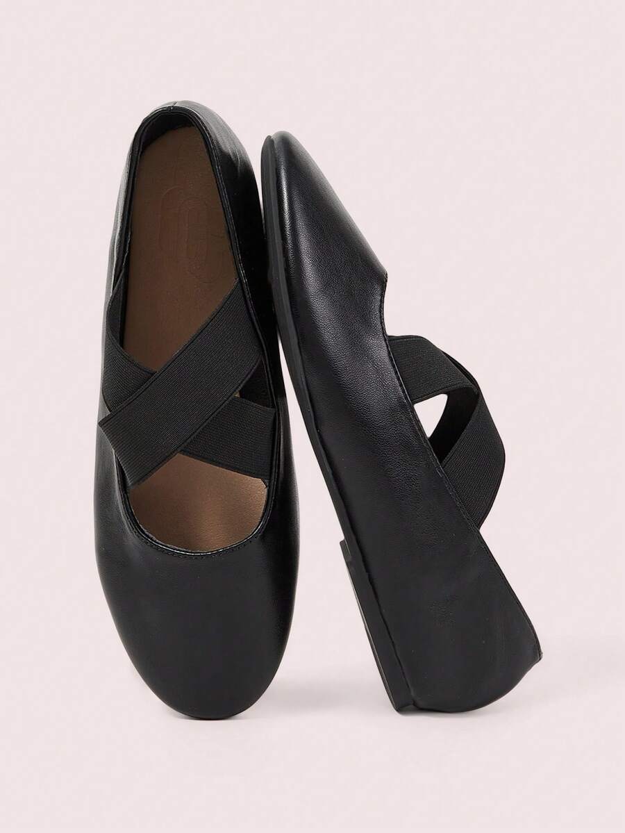 CUCCOO DOLLMOD Women's Shoes, Black, Leather Texture, Simple Elastic Cross Belt, Round Toe Flat Ballet Shoes, Suitable For Daily Travel, Commuting And Leisure Fall Shoes - Black - View 1
