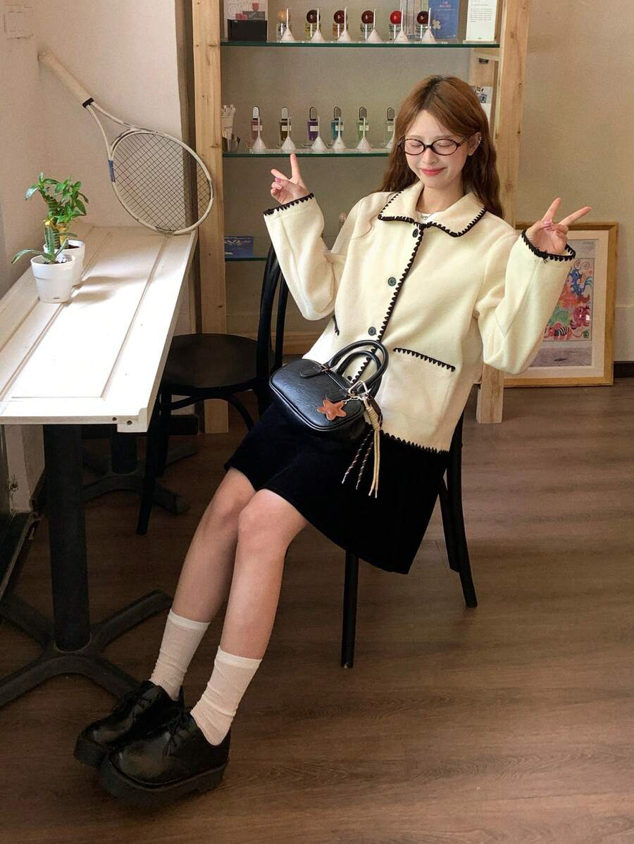 DAZY Women's Autumn/Winter Colorblock Trim Overcoat School - Apricot - View 1