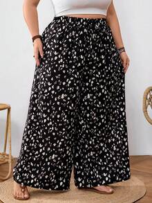 SHEIN CURVE+ 大码女式印花抽绳阔腿裤 - 黑色 - 查看 6