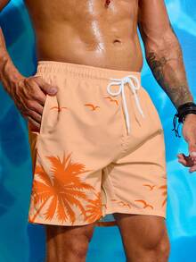 Manfinity KASUA Men's Palm Tree Print Drawstring Waist Beach Shorts - Orange - View 4
