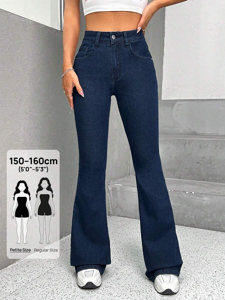 SHEIN PETITE 高腰喇叭腿牛仔褲,小個子女性適用 - 深色水洗藍 - 查看 1