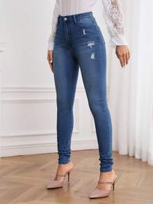 SHEIN Tall 女款修身水洗牛仔褲，適合高個女性 - 深色水洗藍 - 查看 3