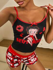 Betty Boop x SHEIN 女款字母印花細肩帶上衣與短褲睡衣套裝 - 黑紅色 - 查看 3