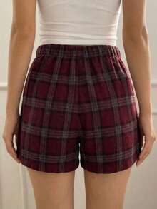 DAZY Loose Plaid Short Pajama Pants, Women Summer Sleepwear Bottom - Burgundy - View 2