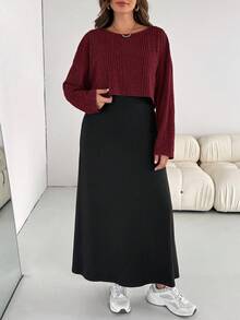 Shapeblank 大码女装秋冬时尚休闲宽松舒适日常百搭灰色磨毛长袖上衣和黑色长款马甲连衣裙两件套，秋季服装，机场穿搭，简约风格 - 酒紅色 - 查看 3