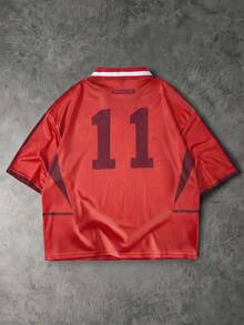 ROMWE MEN 休閒運動風聖母瑪利亞圖案與10號印花短袖圓領 Polo 衫，適合外出穿著 - 紅色 - 查看 2