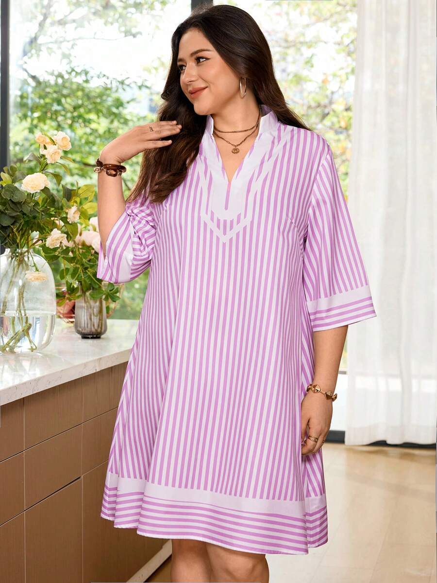 Rosumi Plus Size Women's Summer Casual Boho Smart Casual Bohemian Striped White 3/4 Sleeve Dress Wedding Guest Vacation