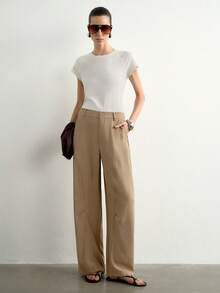 Aalyst Women's Autumn French Chic Elegant Minimalist Casual Bohemian Vacation Office Work Solid Color Twill Curved Leg Pants With Pockets Khaki - Brown - View 4