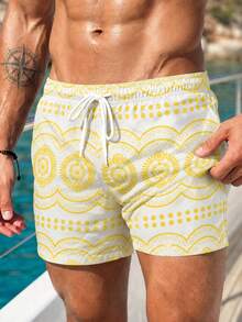 Azuldrift Men's Drawstring Waist Geometric Print Casual Vacation Beach Shorts Holiday / Vacation / Beach / Hawaii / Tropical / Swim /  Bathing - Light Yellow - View 5