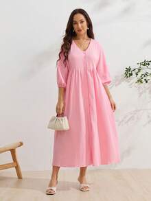 SHEIN 孕婦粉色長洋裝，100%純棉，寬鬆舒適居家服 - 粉色 - 查看 4