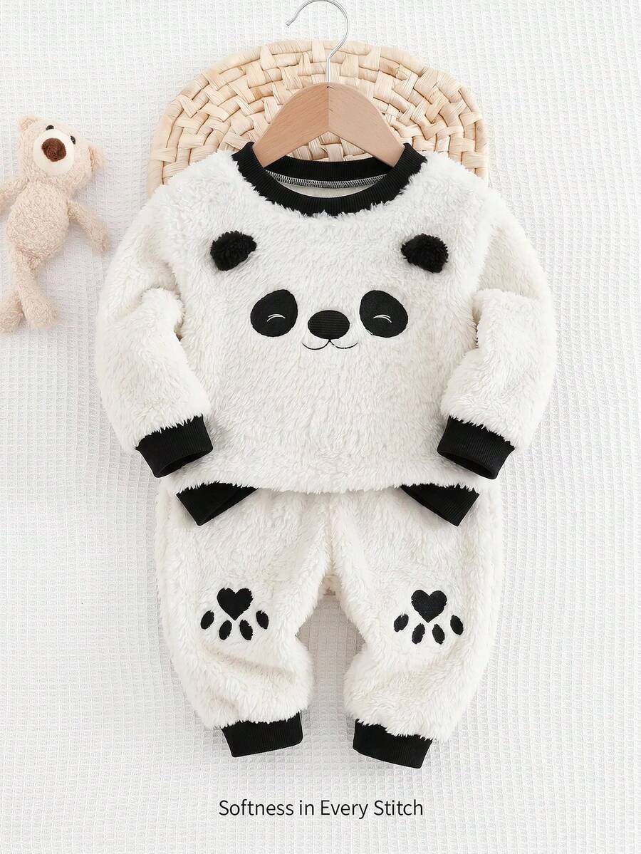 Cozy Pixies Baby Boy Cartoon Panda Pattern Thermal Lined Thick Crew Neck Long Sleeve Pullover Sweatshirt And Jogger Autumn Winter Pants 2-Piece Set - Multicolor - View 1