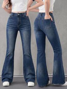 SHEIN Explorewe Jeans de mezclilla estilo Y2K versátiles lavados y desgastados con pierna acampanada y elásticos para niñas adolescentes - Azul lavado medio - Ver 3