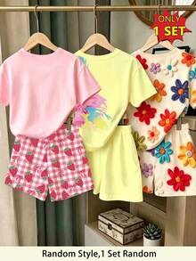 Elladie kids (Patrón aleatorio, 1 set aleatorio) Conjunto de camiseta corta básica y pantalones cortos con estampado de salpicaduras minimalistas, flores coloridas y fresas para niñas, uso diario de verano - Multicolor - Ver 2