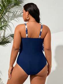 SHEIN Swim Curve 大尺碼女款椰子樹印花連身泳衣，適合海灘度假、泳池派對、海灘派對，海軍藍夏季熱帶風 - 藍色 - 查看 4