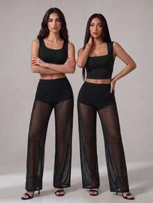 SHEIN Tall 女款黑色透視網紗優雅上班長褲 - 黑色 - 查看 3