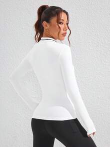SHEIN Sovereign Charm 女式前拉链长袖休闲字母印花运动 Polo 衫 - 白色 - 查看 2
