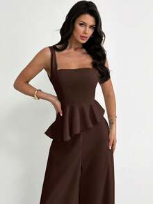Firerie Spring/Summer Elegant Minimalist Daily Fashion Modern Commuter Fitted Women's Set, Dark Brown Solid Color Textured Fabric Sleeveless Tank Top Set - Brown - View 10