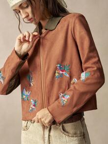 Bohemela 女款秋季休閒復古拼色拼接花卉與鳥類刺繡夾克 - 棕色 - 查看 5