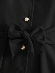 SHEIN Emery Rose Kids 女童秋冬百搭時尚羊毛拼接毛絨領中長版繫帶大衣，保暖內裡羊毛外套，秋冬外套 - 黑色 - 查看 8