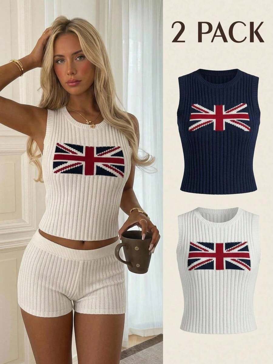CovetEZ Usa Back-To-School Casual Streetwear Preppy Knitted Sweater Vest Top 2pcs Suitable For Daily School Teacher Elementary Holiday Summer Navy Blue White