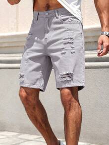Manfinity LEGND Men's Spring/Summer Streetwear Casual Distressed Ripped Straight Leg Grey Denim Shorts - Grey - View 3