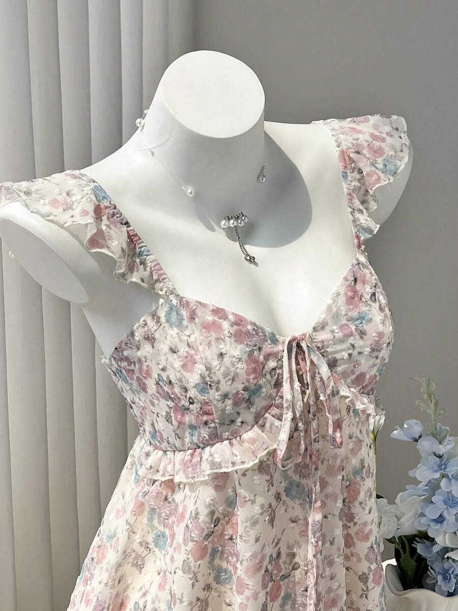Elamini 女款夏季露背雪紡印花蝴蝶結吊帶上衣,附毛球裝飾 - 彩色 - 查看 1