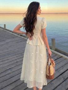 Modelyn 女款優雅夏季米色兩件套，花瓣袖上衣與刺繡葉紋薄紗中長裙度假套裝，端莊茶會與辦公室休閒正裝 - 杏色 - 查看 3