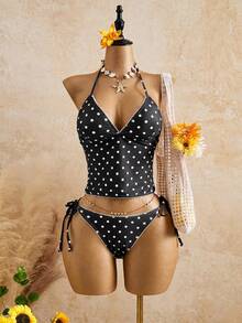 Swim Mod Conjunto de Bikini de Tirantes con Estampado de Cerezas Dulces y Cuadros de Verano - Blanco y Negro - Ver 10