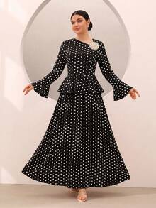 Graceveil Polka Dot Print Ruffle Hem Bell Sleeve Cinched Waist Top And Flared Skirt Set Dinner Date Black And White Polka Dot Autumn Modest Elegant - Black - View 3