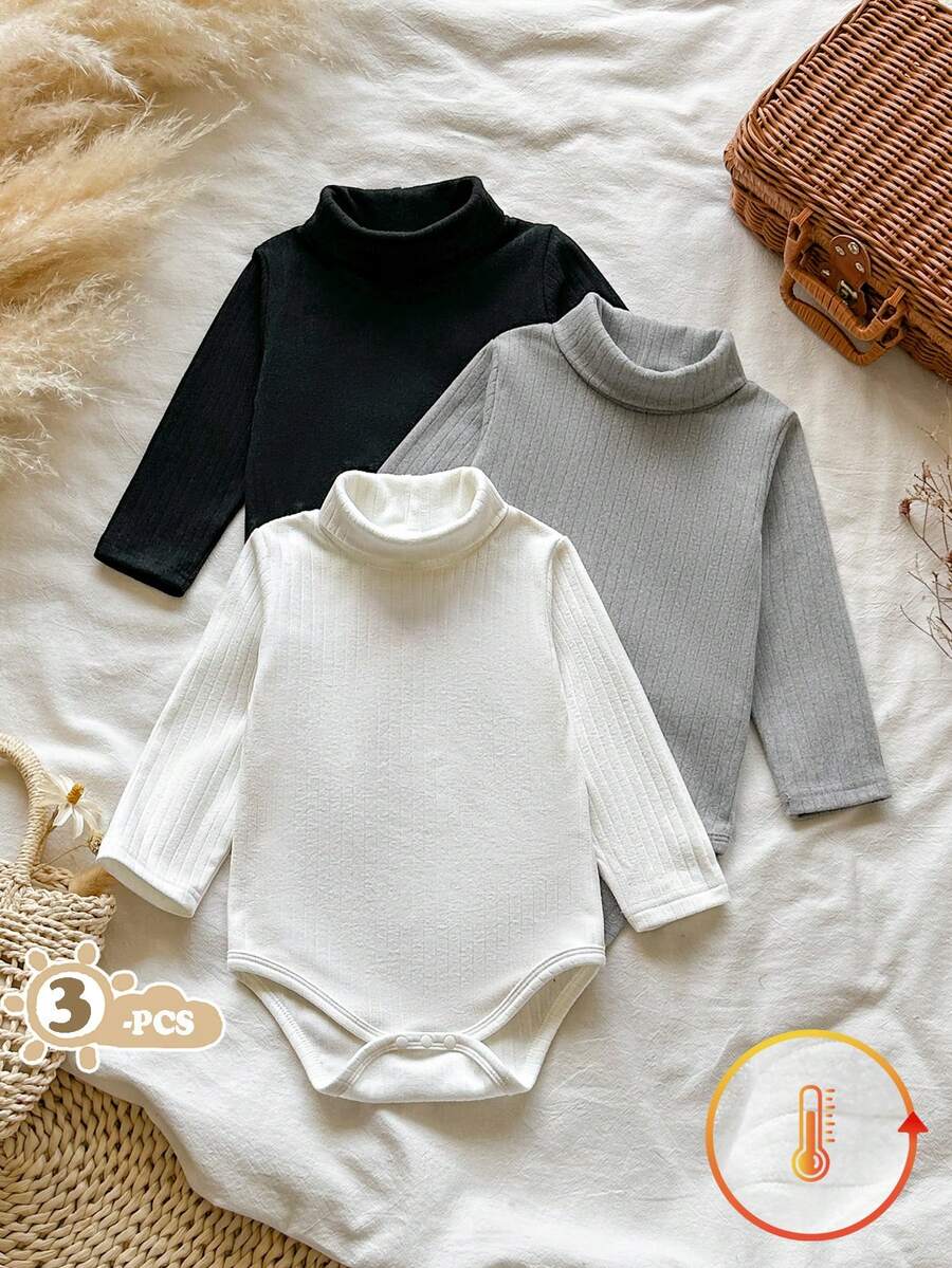 SHEIN Vintaside Kids 男嬰秋冬休閒百搭舒適羅紋紋理布料黑/白/灰高領長袖3件式連身衣套裝,褲襠按扣設計方便換尿布,適合居家、日常外出、嬰兒爬行 - 彩色 - 查看 1