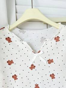 SHEIN 青少年女孩櫻桃圖案V領長袖上衣與長褲睡衣套裝 - 白色 - 查看 3