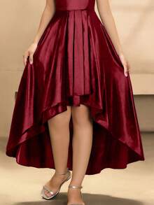 Tween Girls Burgundy Back To School Asym Neck Strap Cold Shoulder Dress, Party Vacation Summer Autumn Fall - Burgundy - View 4